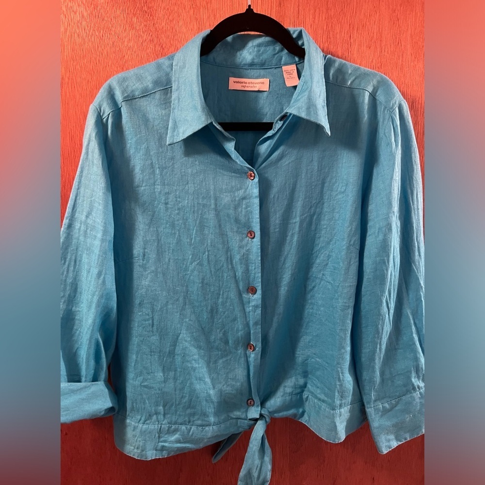 Valerie Stevens Women’s Size L Aqua 100% Linen Top